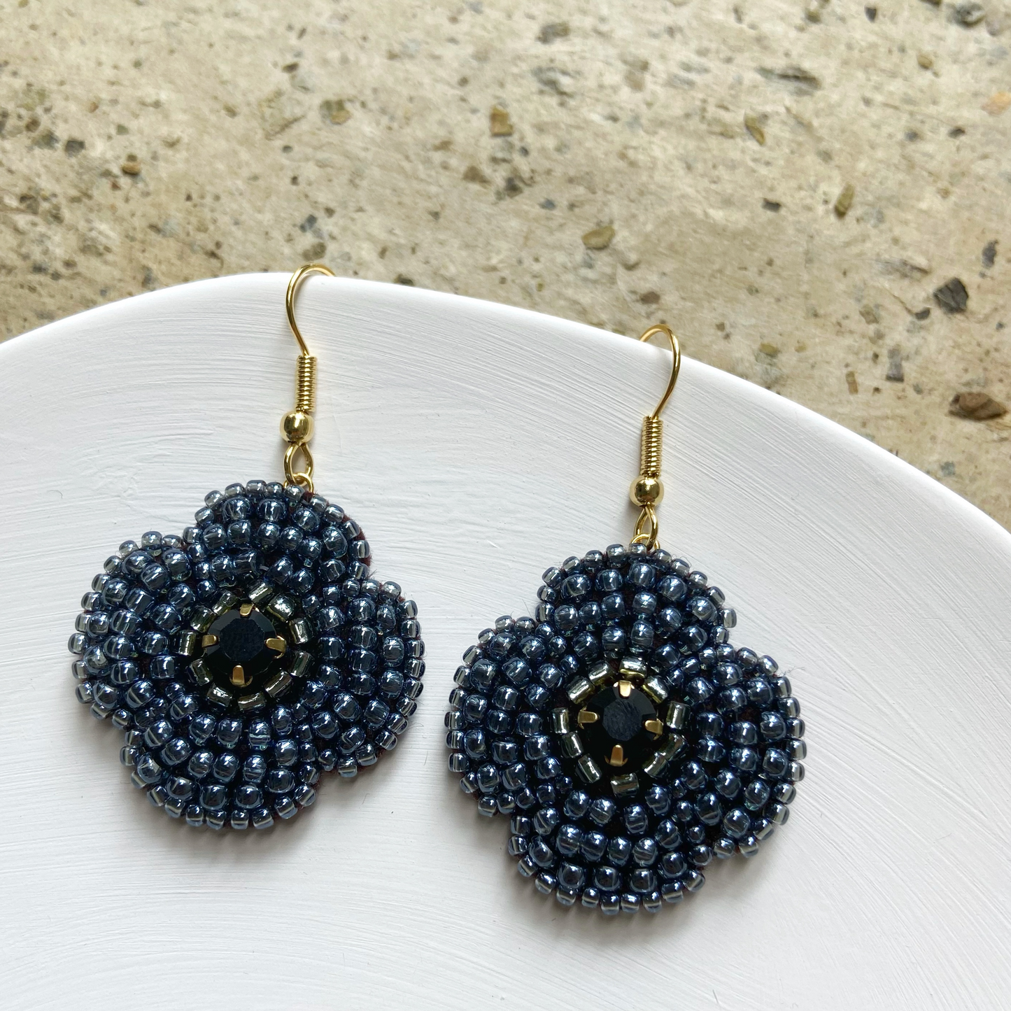 Bead Embroidered Earrings (IE147) – black flower style handmade earrings with Japan glass beads