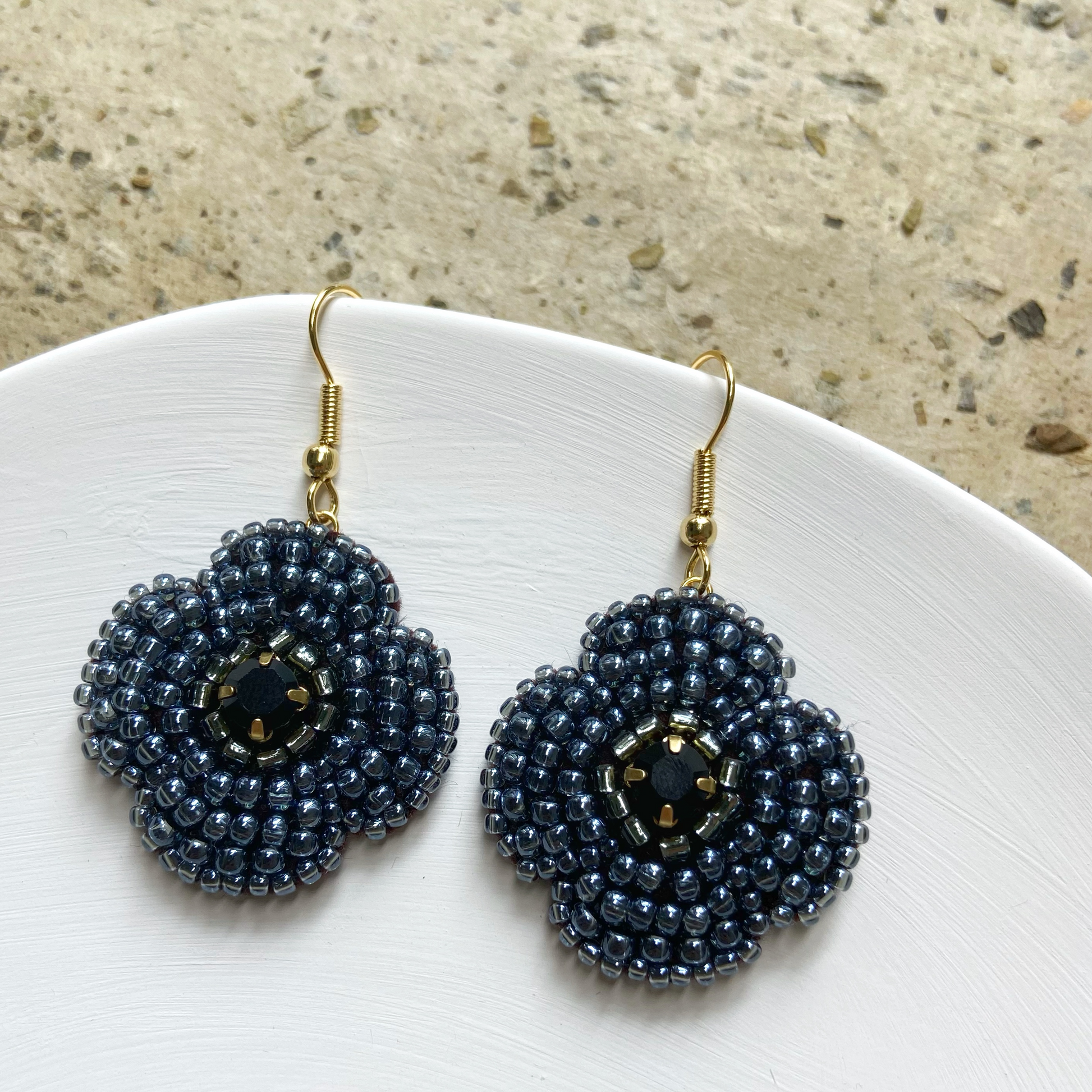 Bead Embroidered Earrings (IE147) – black flower style handmade earrings with Japan glass beads