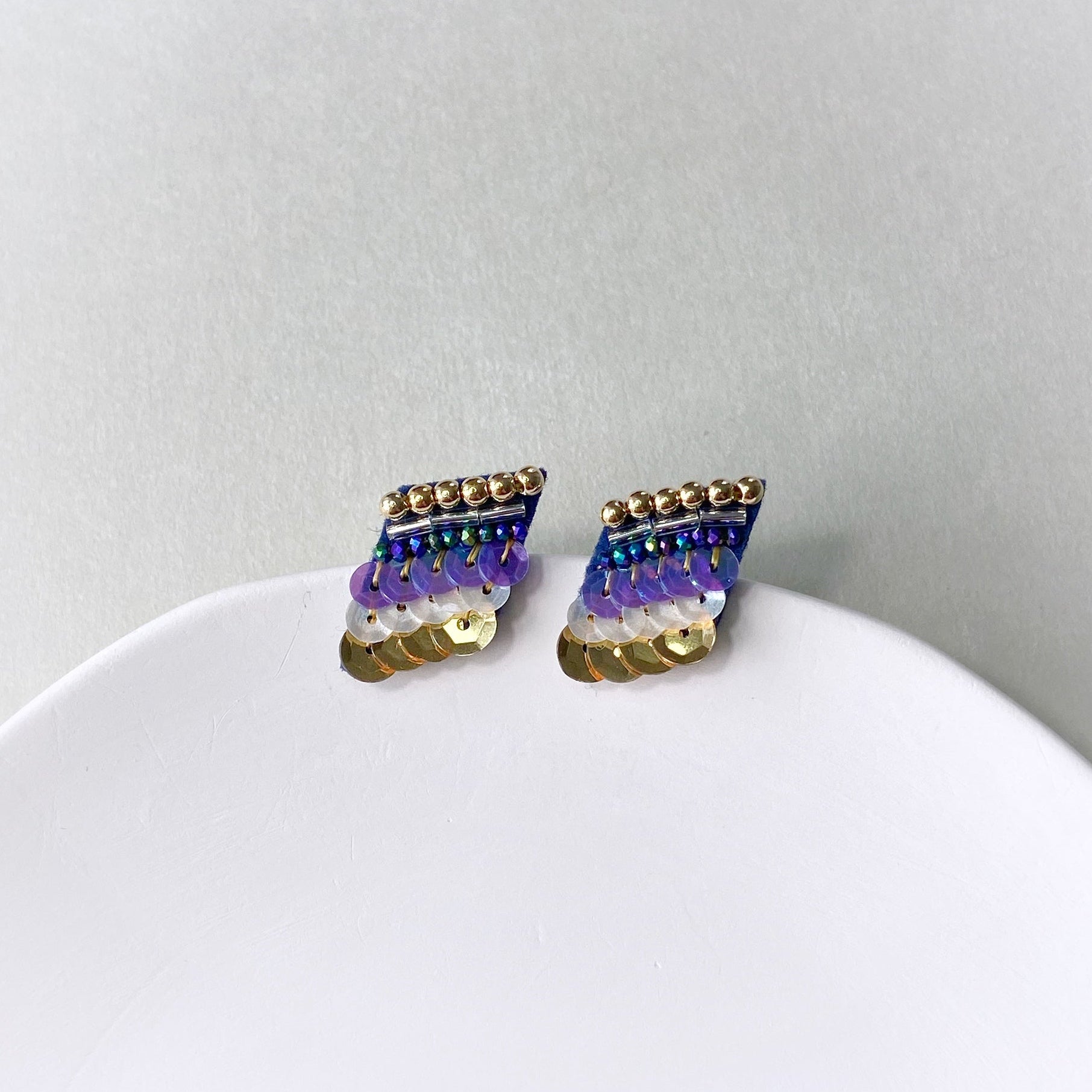 Bead Embroidered Earrings (IE178) – purple and gold handmade earrings with Japan glass beads and DMC threads