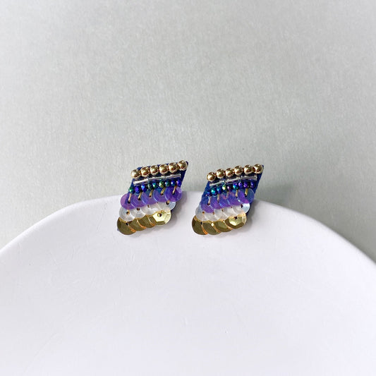 Bead Embroidered Earrings (IE178) – purple and gold handmade earrings with Japan glass beads and DMC threads