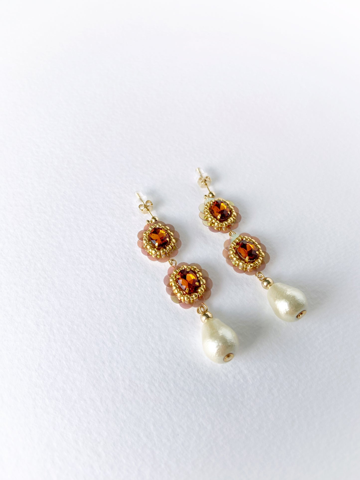Gold earrings with amber beads and cotton pearl drops