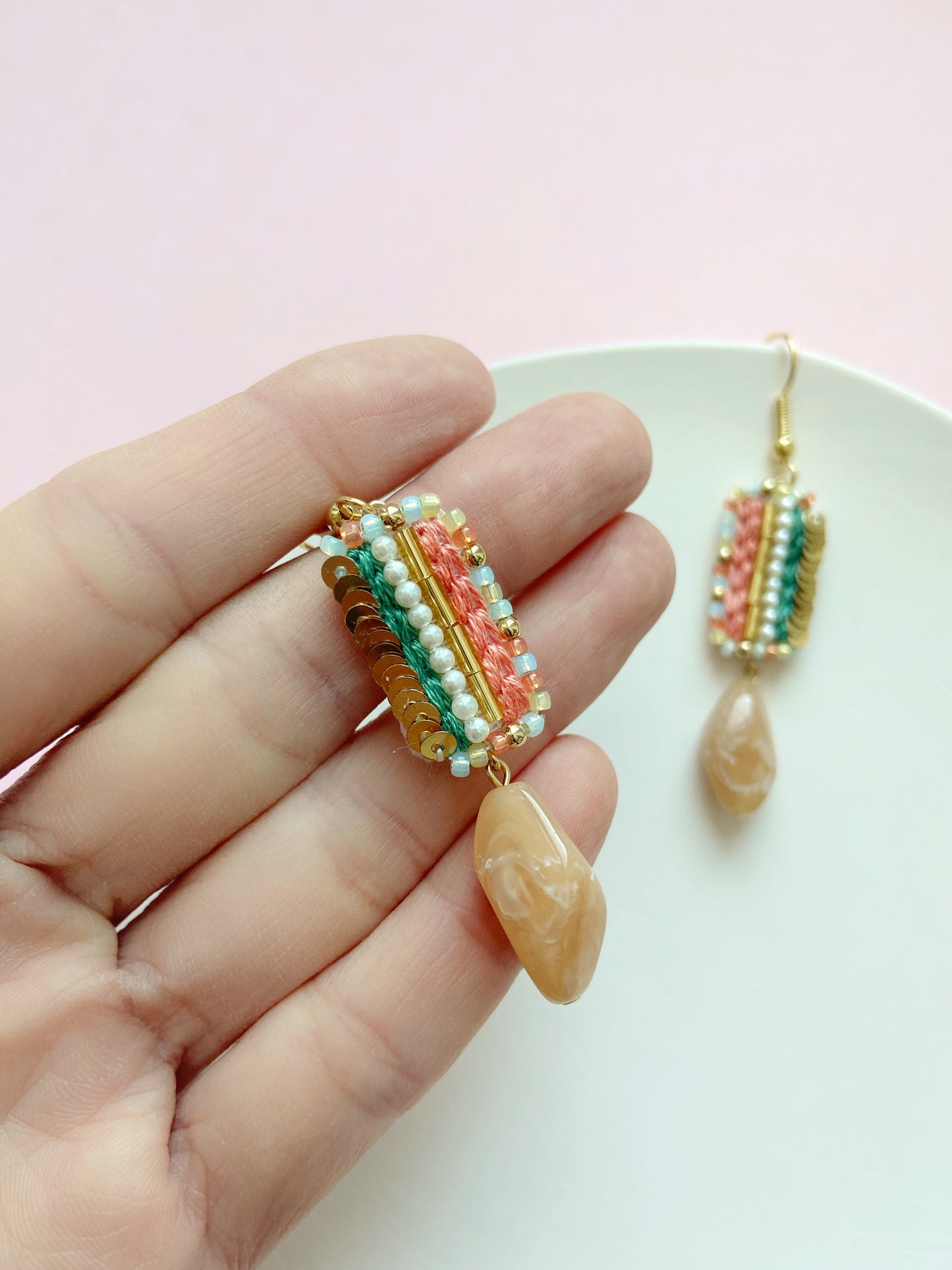 IE216_Thread & Bead Embroidered Earrings