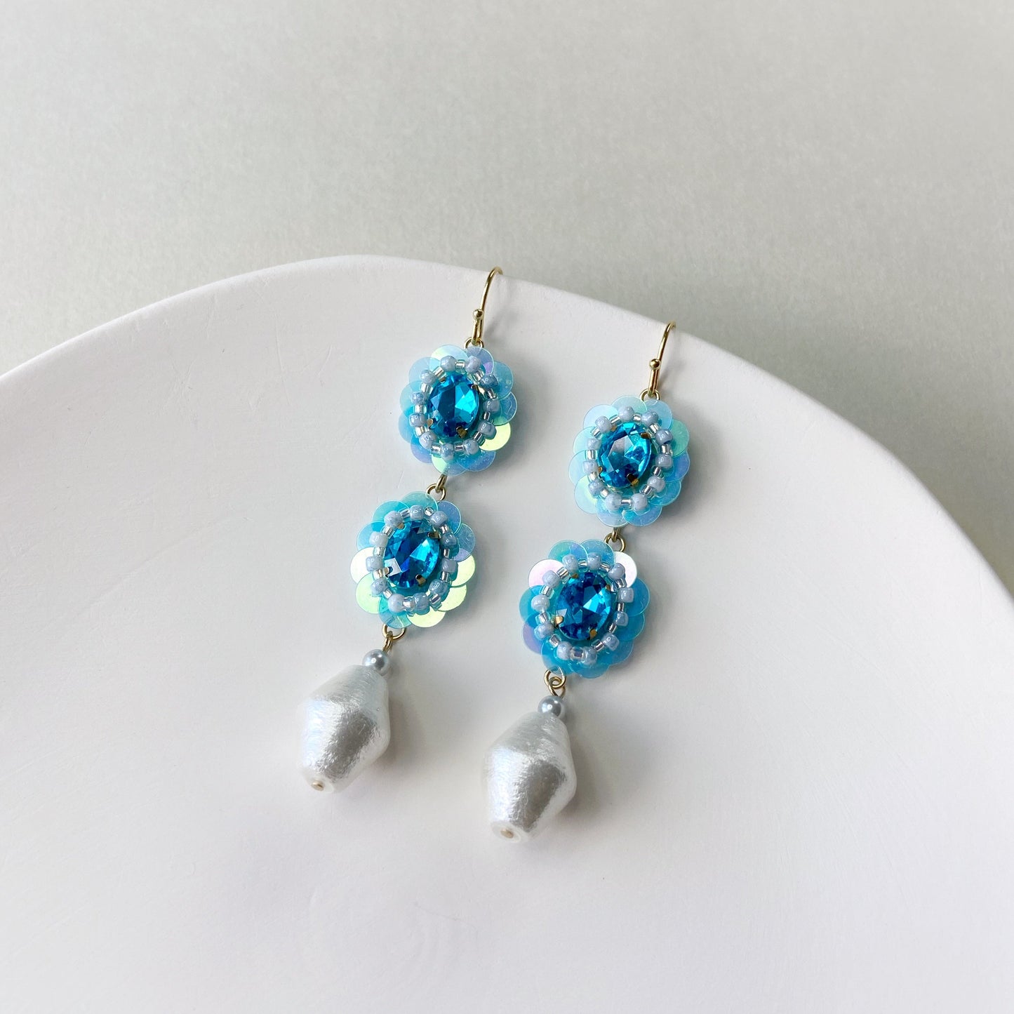 Bead Embroidered Earrings (IE306) – blue handmade earrings with cotton pearls and sequins