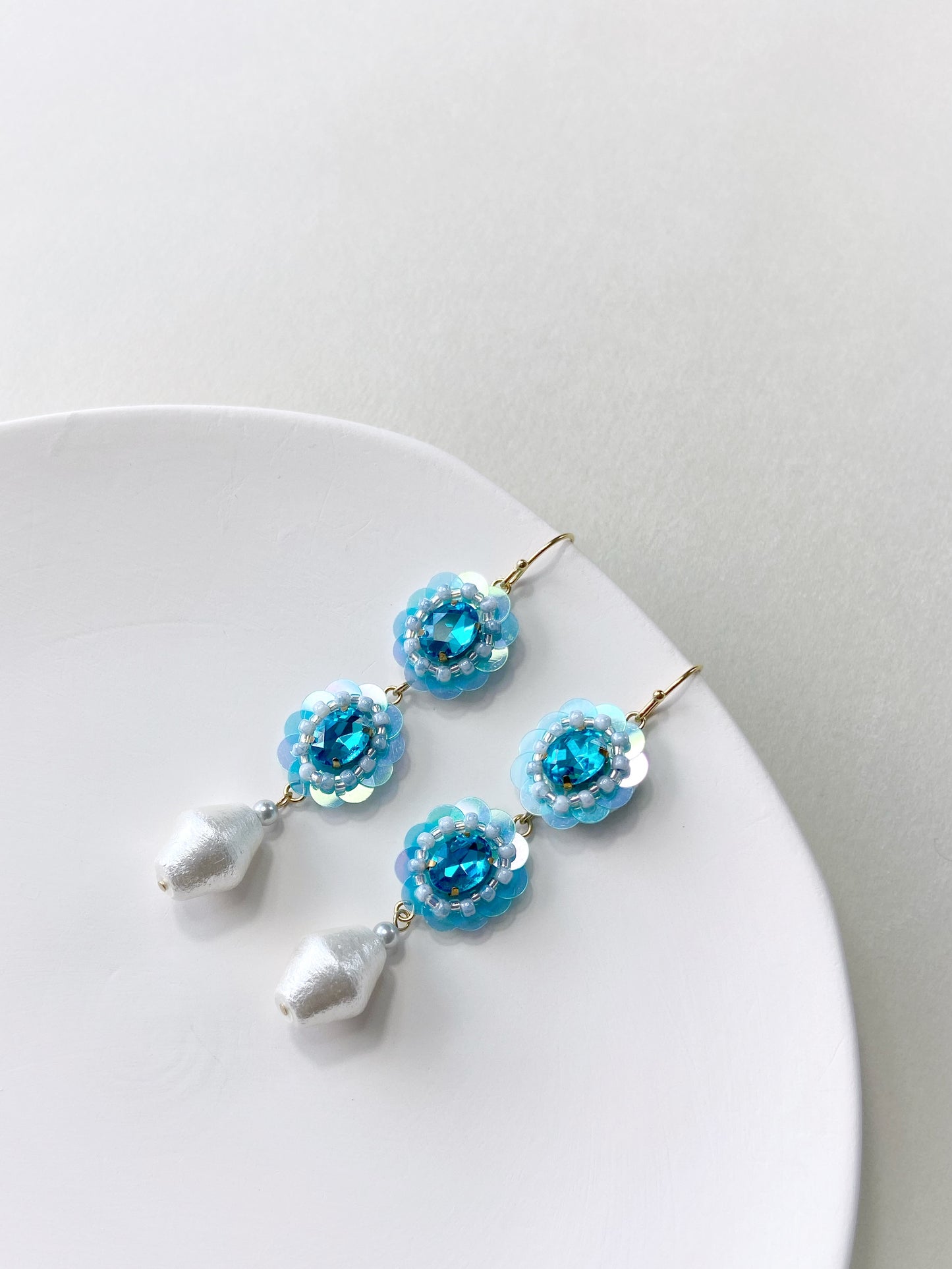 Bead Embroidered Earrings (IE306) – blue handmade earrings with cotton pearls and sequins