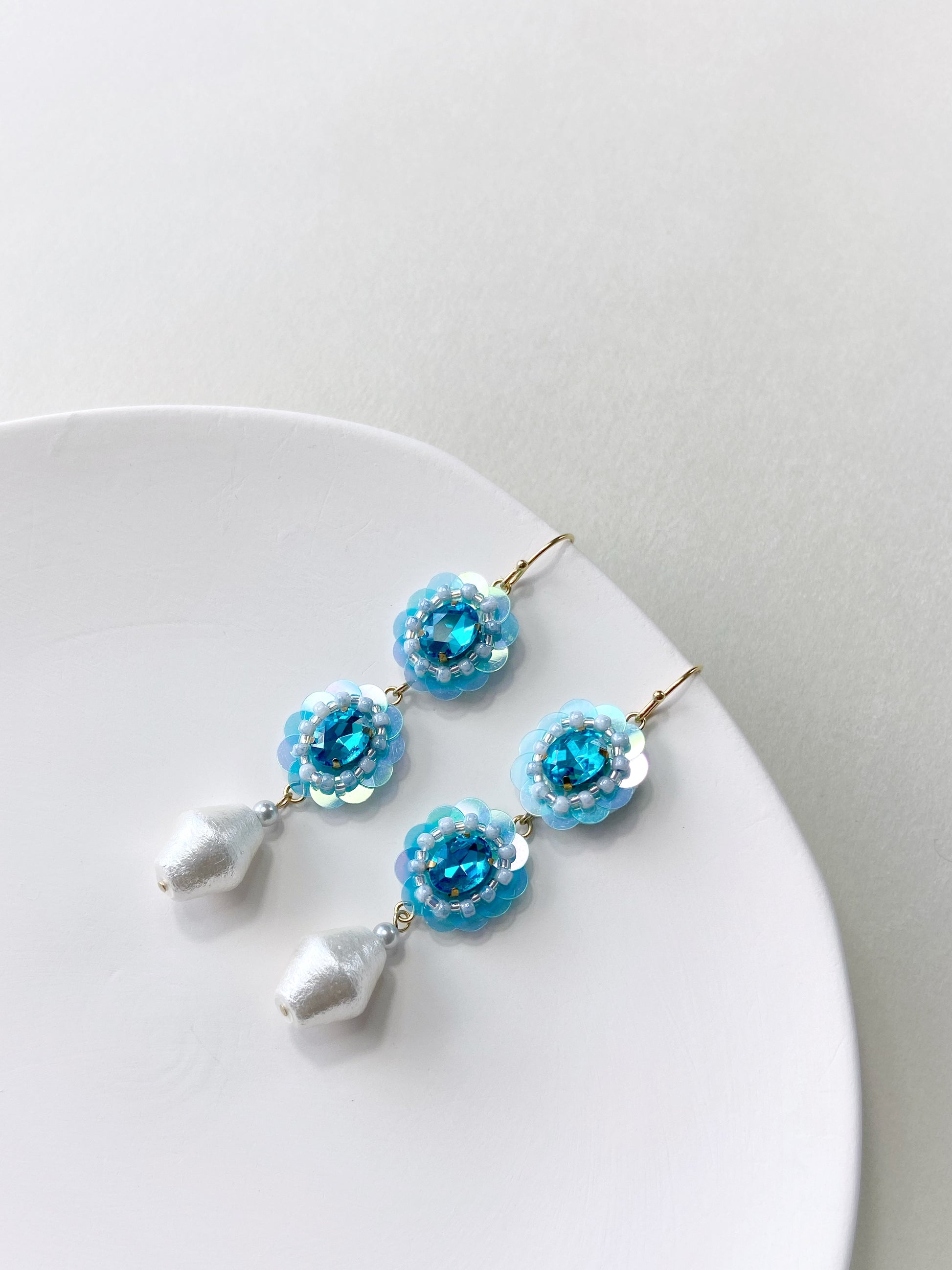Bead Embroidered Earrings (IE306) – blue handmade earrings with cotton pearls and sequins