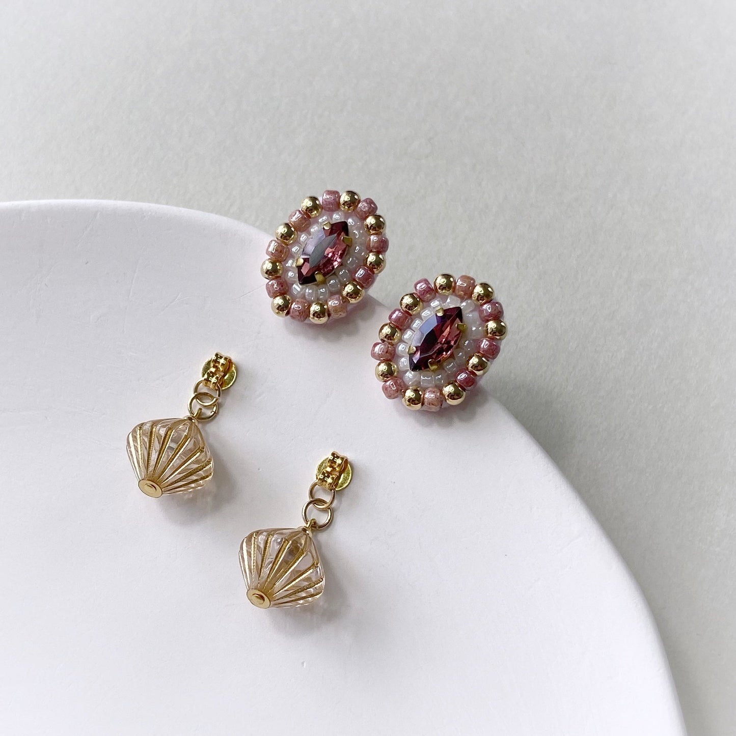 Bead Embroidered Earrings (IE308) – purple and gold handmade earrings with Japan glass beads, resin round beads and acrylic beads