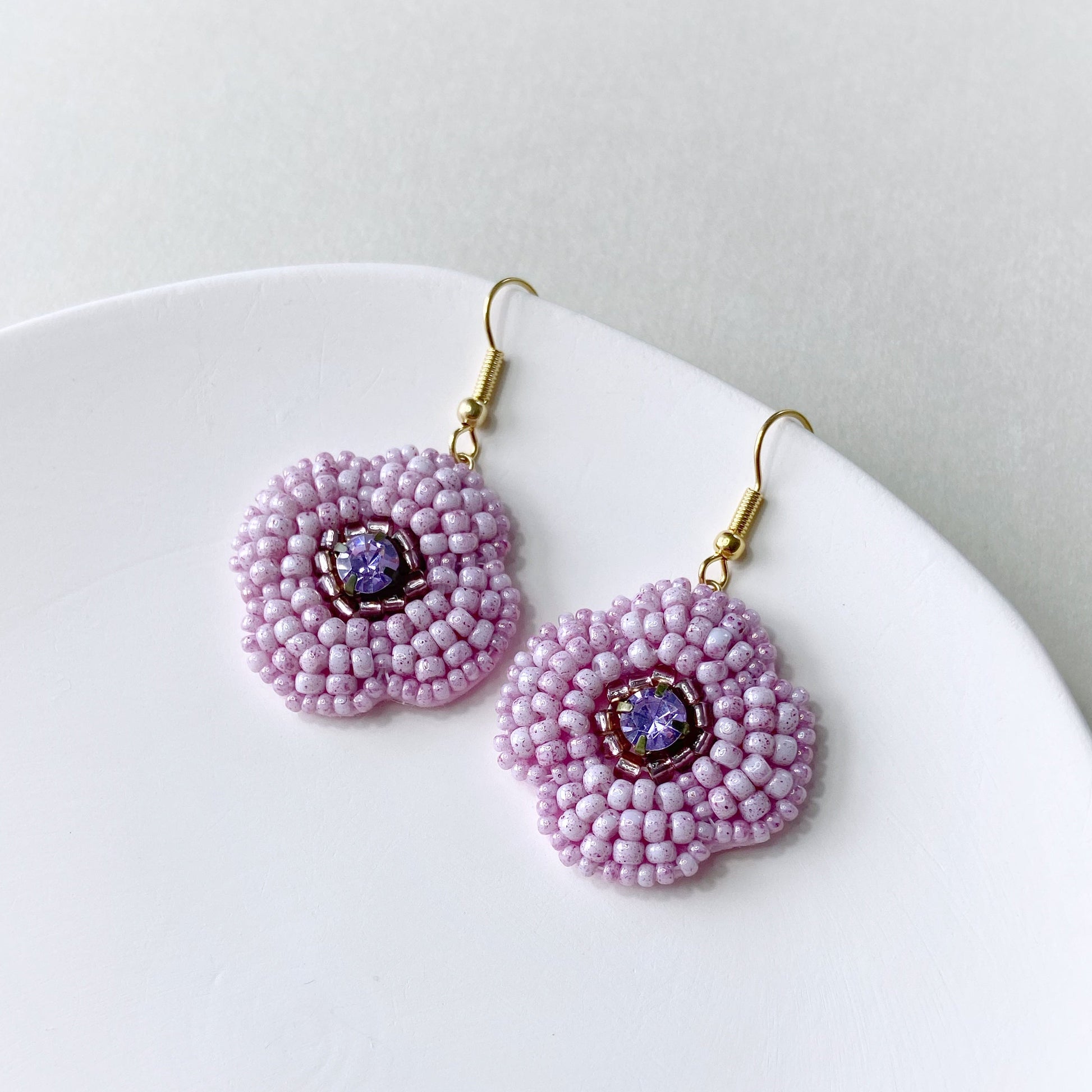 Bead Embroidered Earrings (IE309) – purple flower style handmade earrings with Japan glass beads