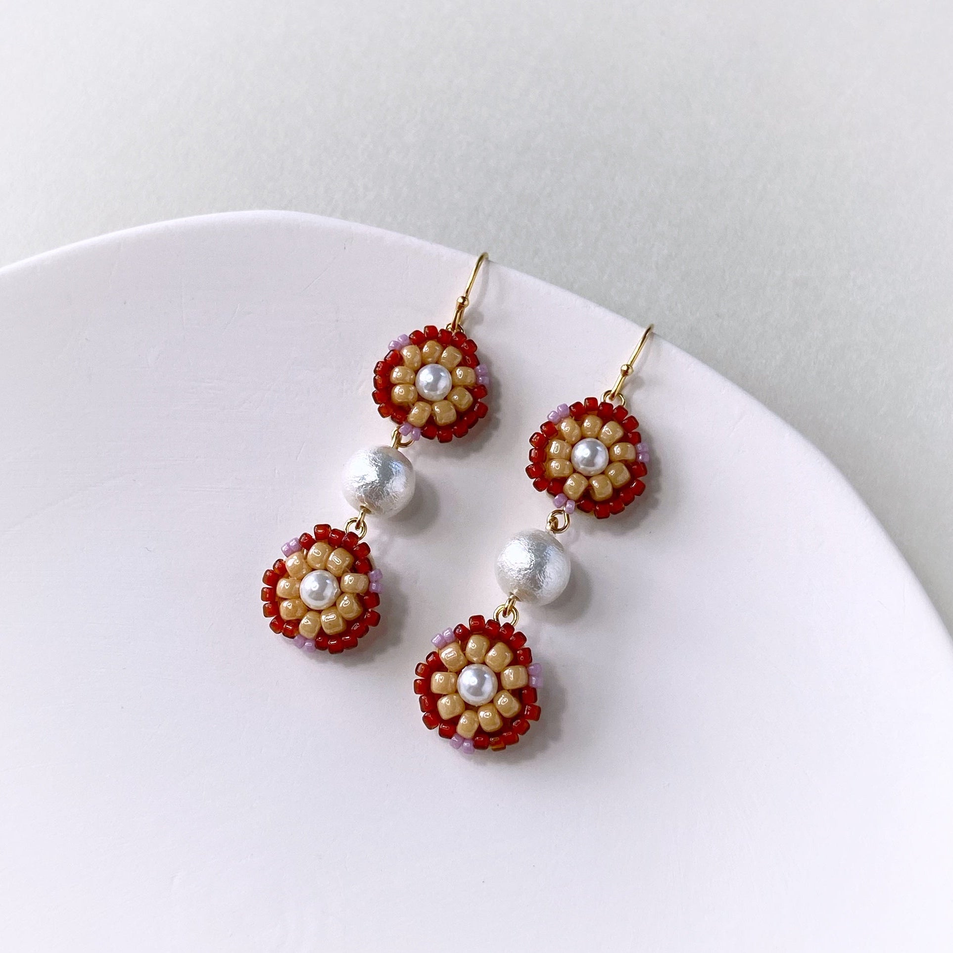 Bead Embroidered Earrings (IE310) – brown handmade earrings with Japan glass beads and cotton pearls