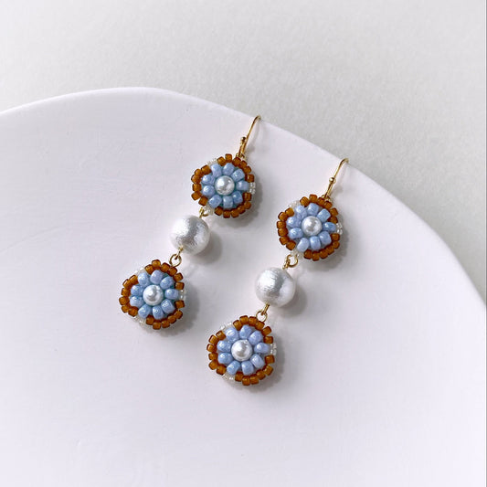 Bead Embroidered Earrings (IE311) – light brown and blue handmade earrings with Japan glass beads and cotton pearls