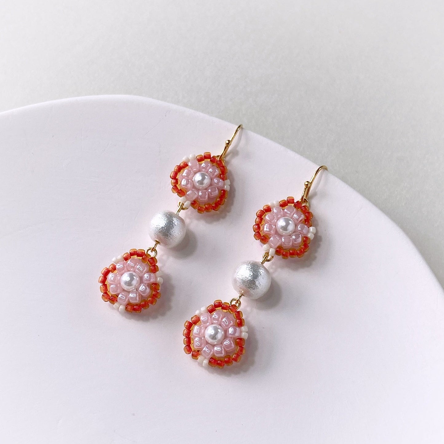 Bead Embroidered Earrings (IE312) – pink handmade earrings with Japan glass beads and cotton pearls