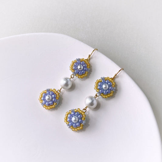 Bead Embroidered Earrings (IE313) – yellow and blue handmade earrings with Japan glass beads and resin pearls