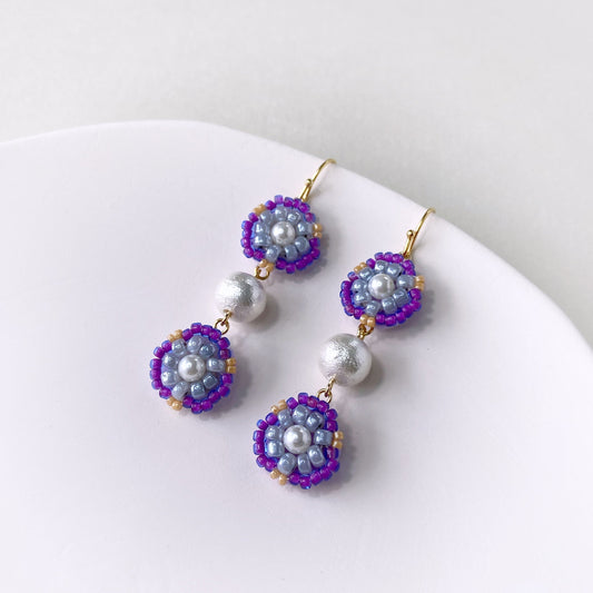 Bead Embroidered Earrings (IE314) – purple handmade earrings with Japan glass beads and resin pearls