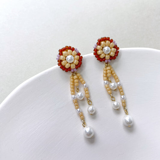 Bead Embroidered Earrings (IE315) – brown handmade earrings with Japan glass beads and shell pearls