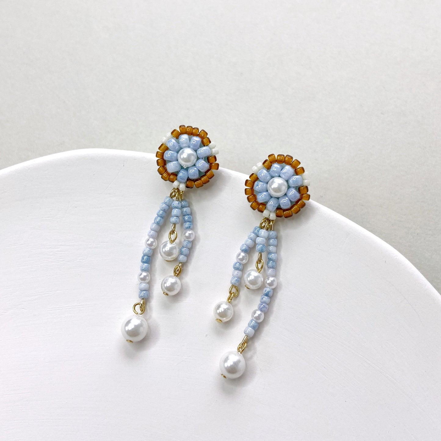 Bead Embroidered Earrings (IE316) – light brown handmade earrings with Japan glass beads and shell pearls