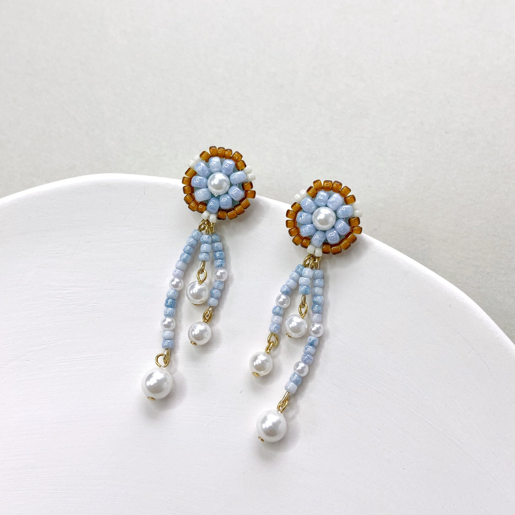 Bead Embroidered Earrings (IE316) – light brown handmade earrings with Japan glass beads and shell pearls