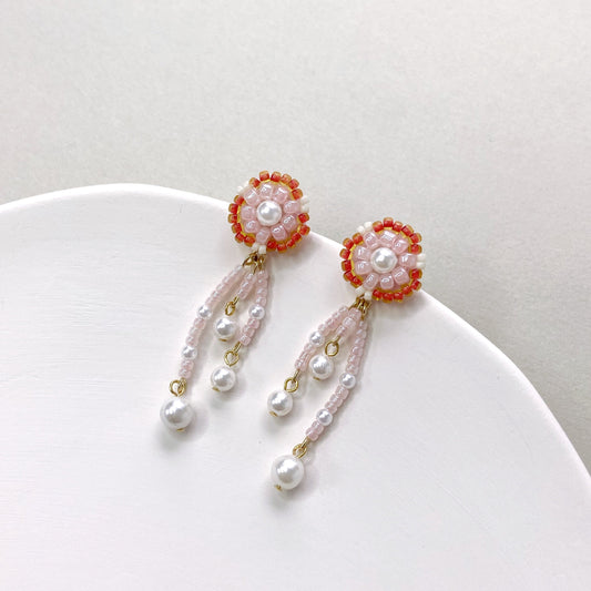 Bead Embroidered Earrings (IE317) – pink handmade earrings with Japan glass beads and shell pearls