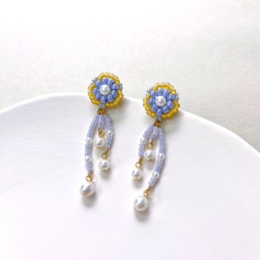 Bead Embroidered Earrings (IE318) – yellow and blue handmade earrings with Japan glass beads and shell pearls