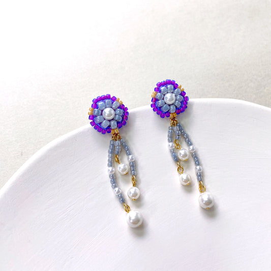 Bead Embroidered Earrings (IE319) – purple handmade earrings with Japan glass beads and shell pearls
