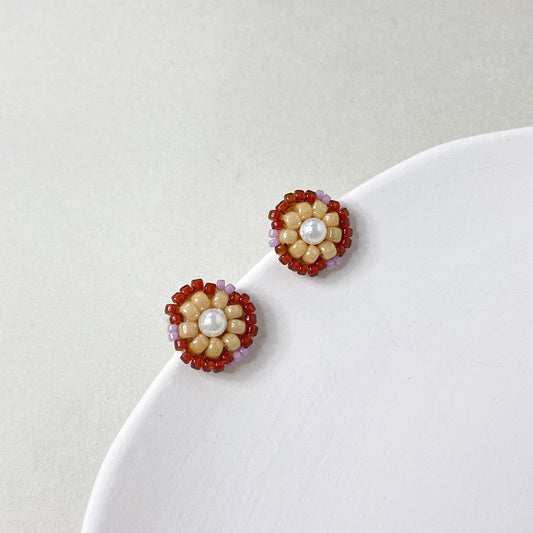 Bead Embroidered Earrings (IE320) – brown handmade earrings with Japan glass beads and shell pearls