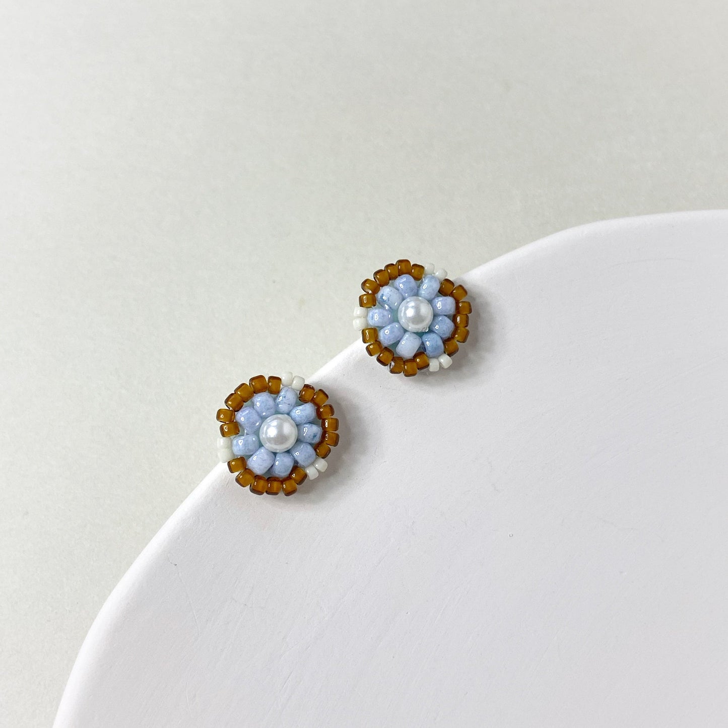 Bead Embroidered Earrings (IE321) – light brown handmade earrings with Japan glass beads and shell pearls