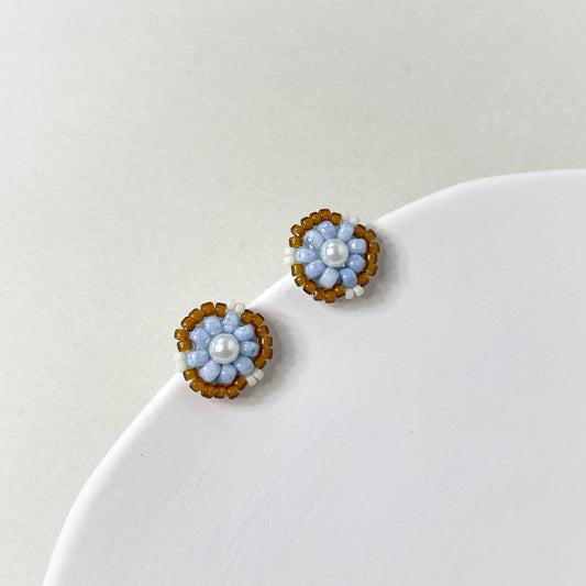 Bead Embroidered Earrings (IE321) – light brown handmade earrings with Japan glass beads and shell pearls