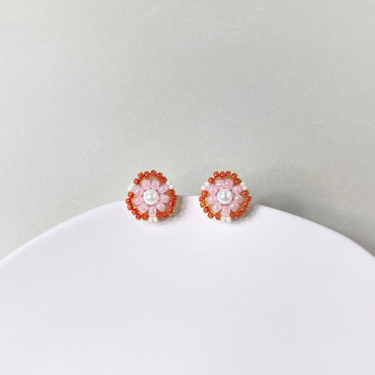 Bead Embroidered Earrings (IE322) – pink handmade earrings with Japan glass beads and shell pearls
