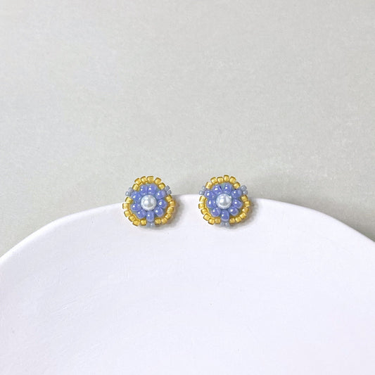 Bead Embroidered Earrings (IE323) – yellow handmade earrings with Japan glass beads and shell pearls