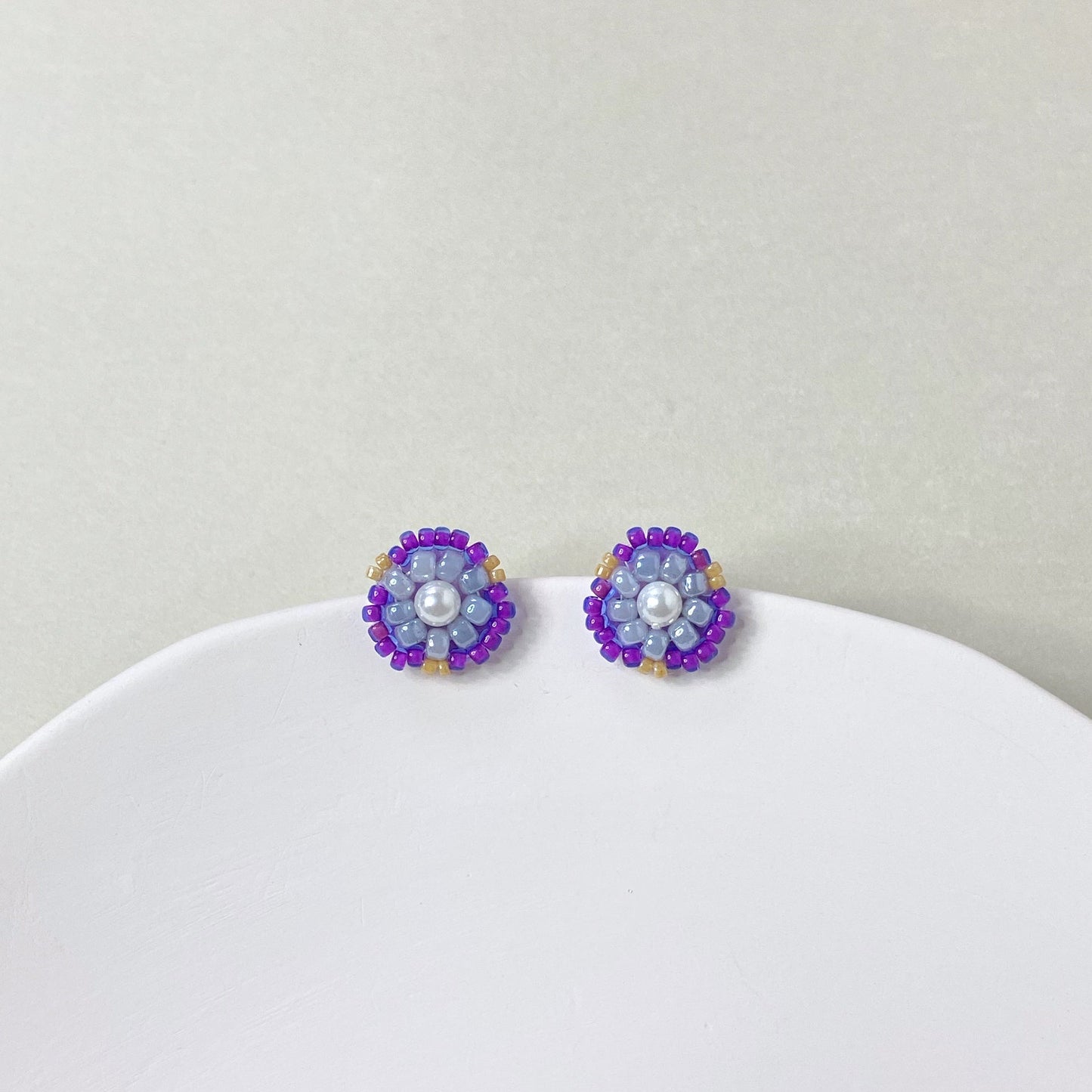 Bead Embroidered Earrings (IE324) – purple handmade earrings with Japan glass beads and shell pearls