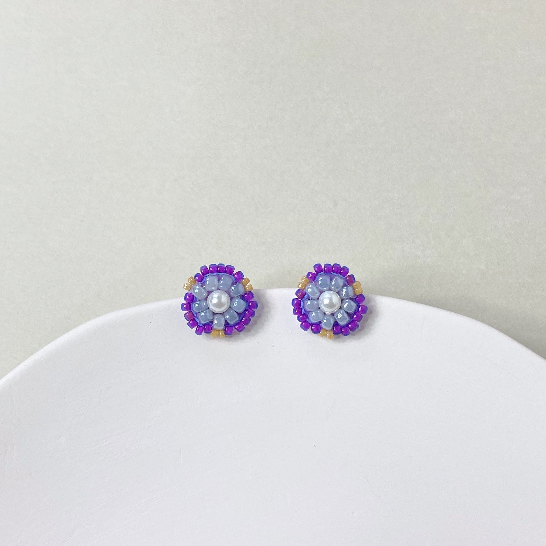 Bead Embroidered Earrings (IE324) – purple handmade earrings with Japan glass beads and shell pearls